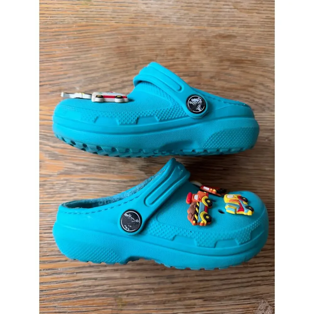 Crocs Classic Lined Clog Toddler C10 Teal Jibbitz Trucks Cars